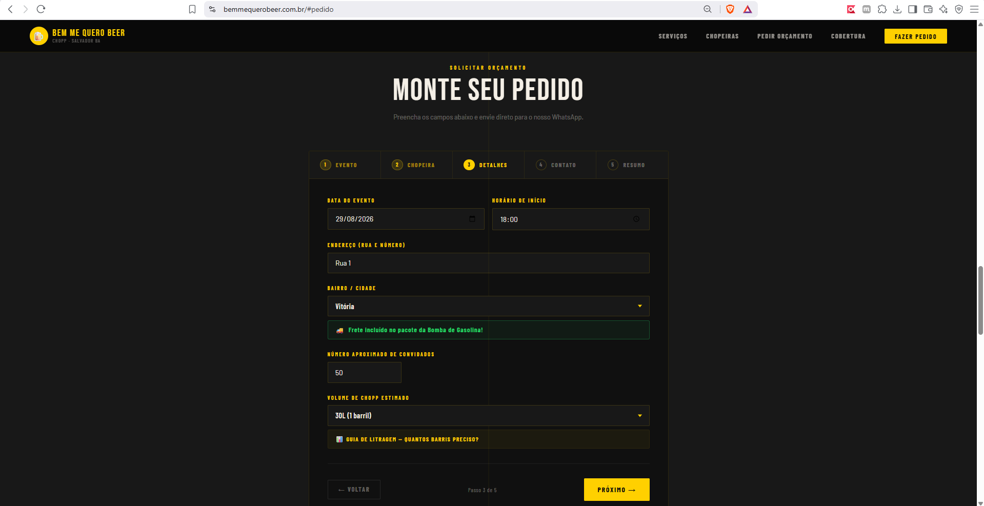 Etapa 3 do formulário de pedido