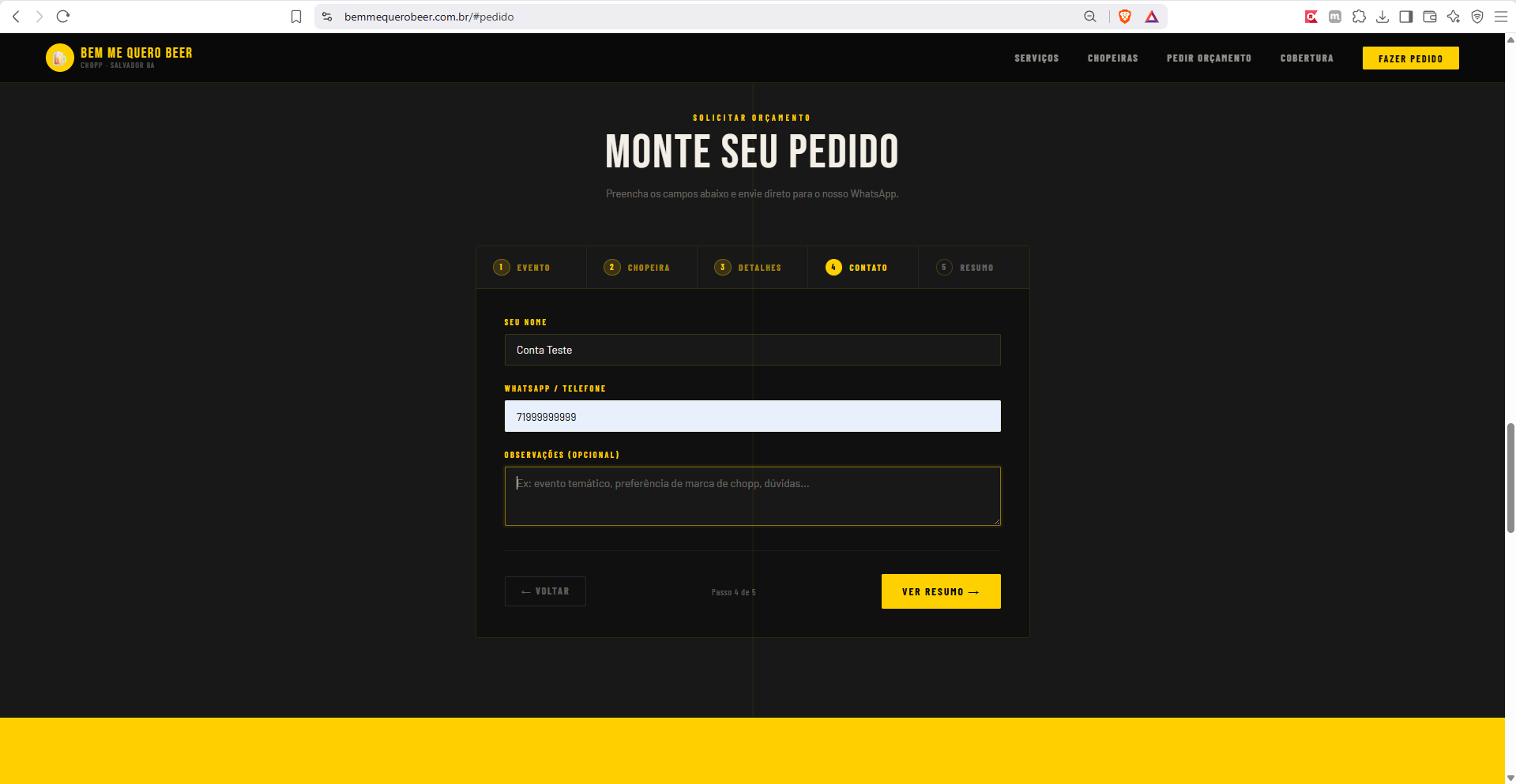 Etapa 4 do formulário de pedido