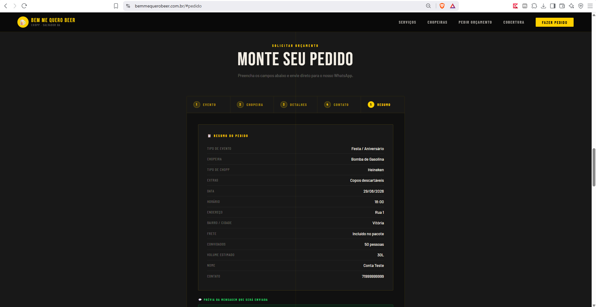 Etapa 5 do formulário de pedido