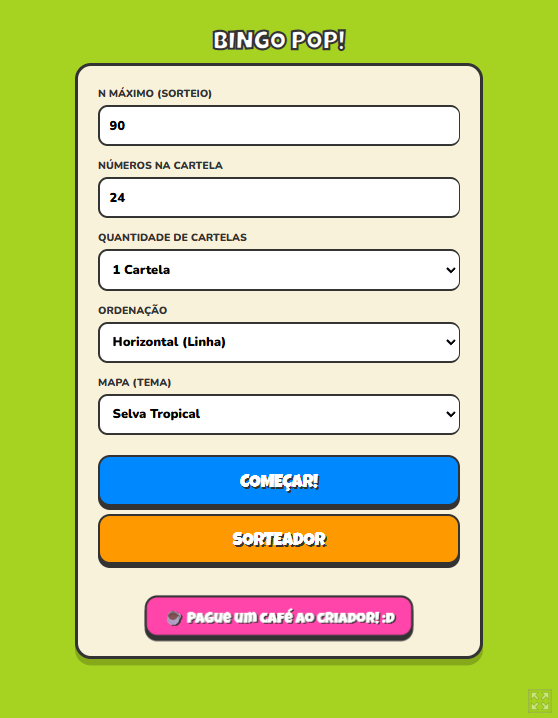 Menu de configuração do BingoPop