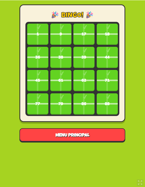 Tela de vitória com bingo completo