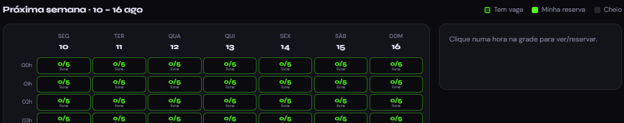 Grade semanal de horários com vagas