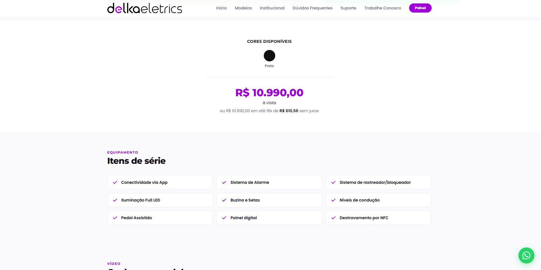 Preço parcelado e itens de série do produto