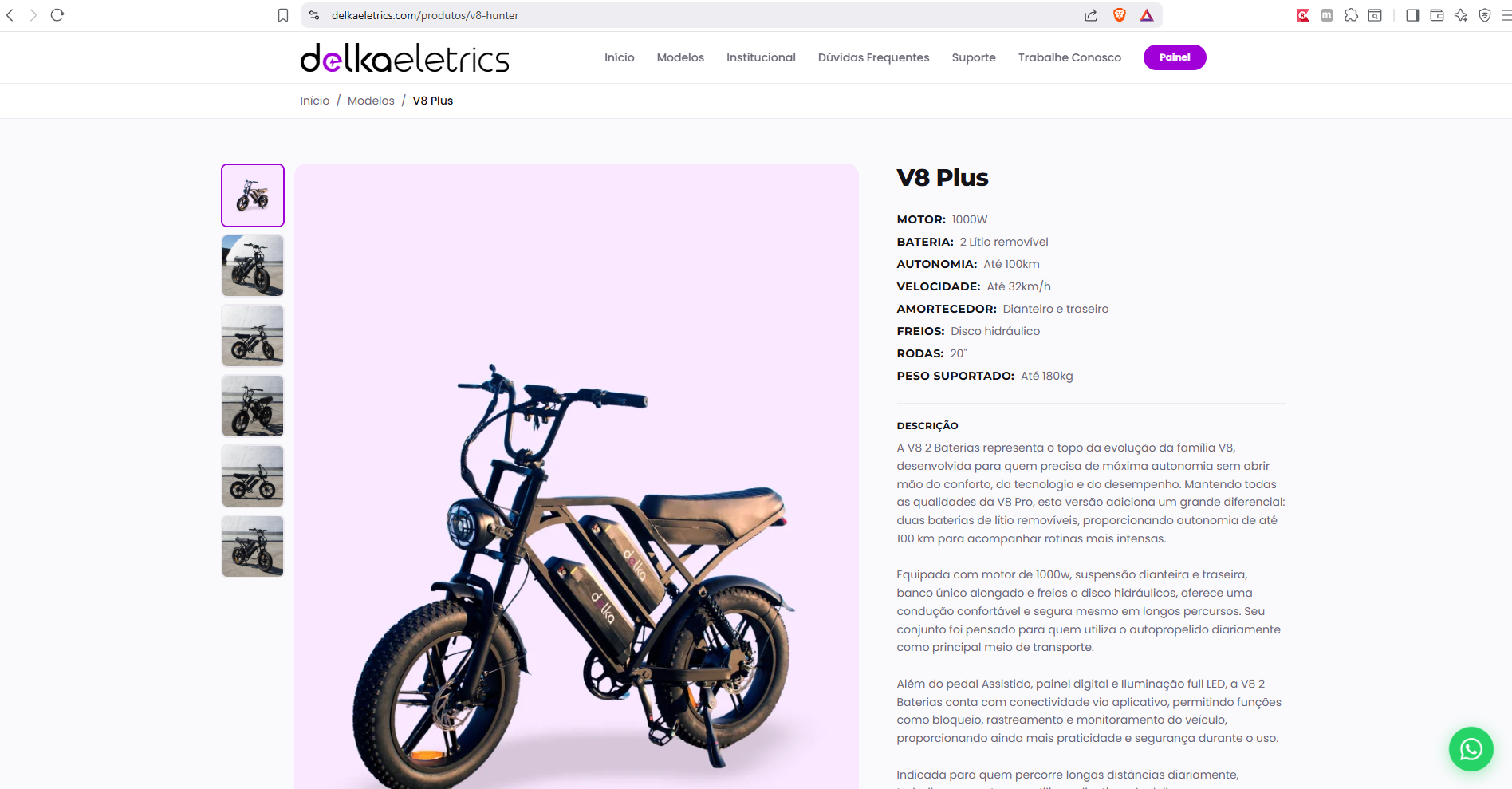 Página de produto V8 Plus com ficha técnica