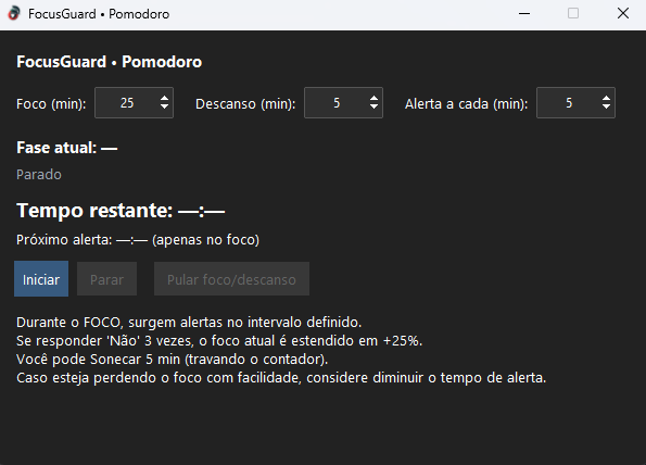 Tela principal do FocusGuard parada