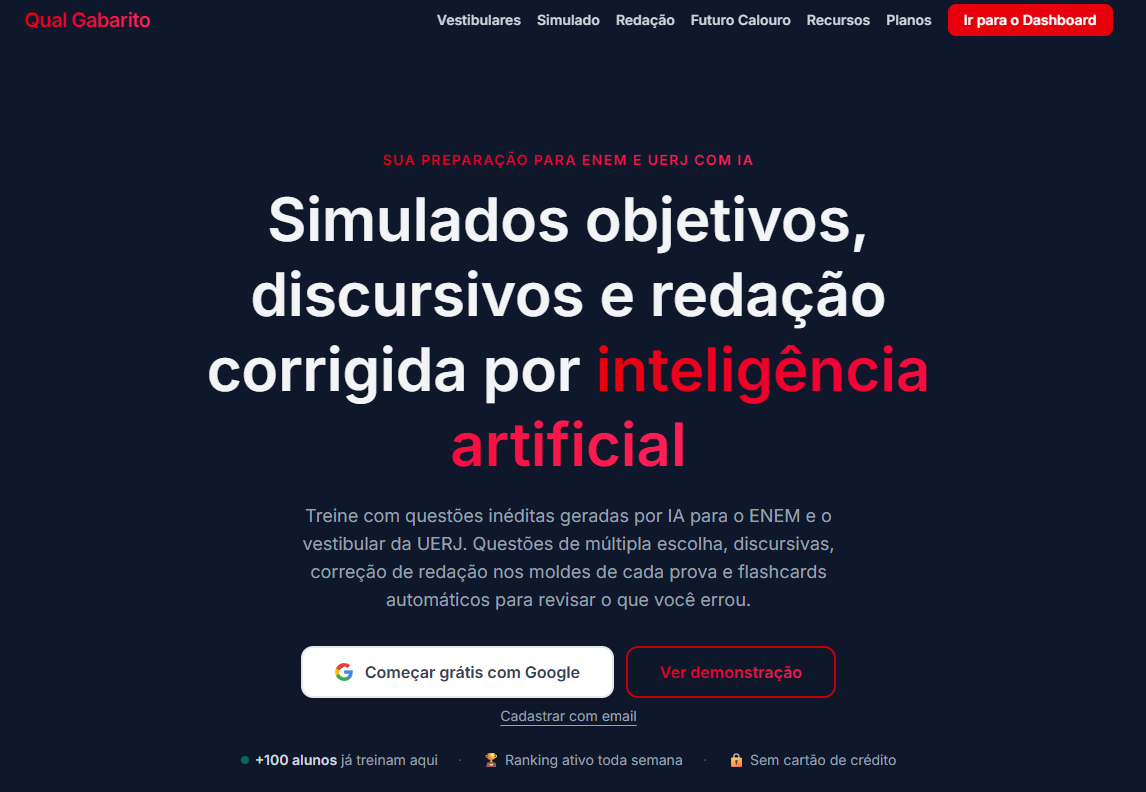 Landing page do Qual Gabarito com chamada principal