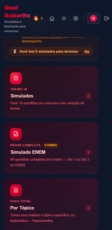 Dashboard mobile com os cards de simulados