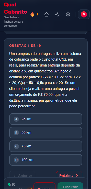 Questão de simulado em andamento no celular