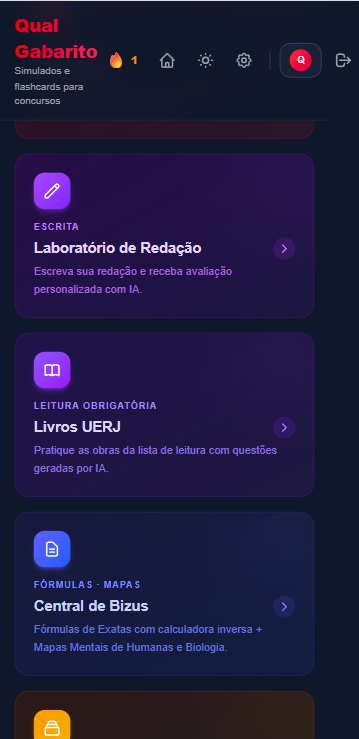 Dashboard mobile com redação, livros e bizus