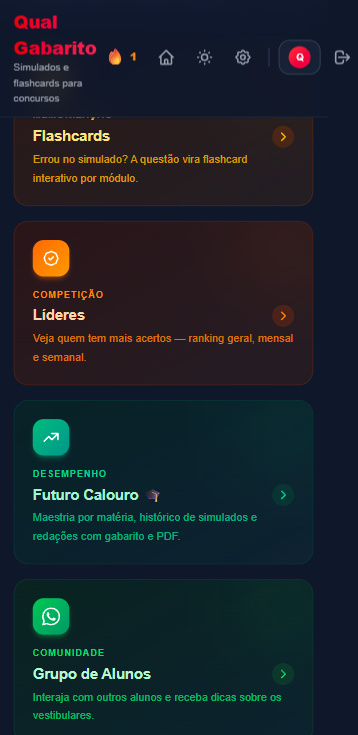Dashboard mobile com flashcards e ranking