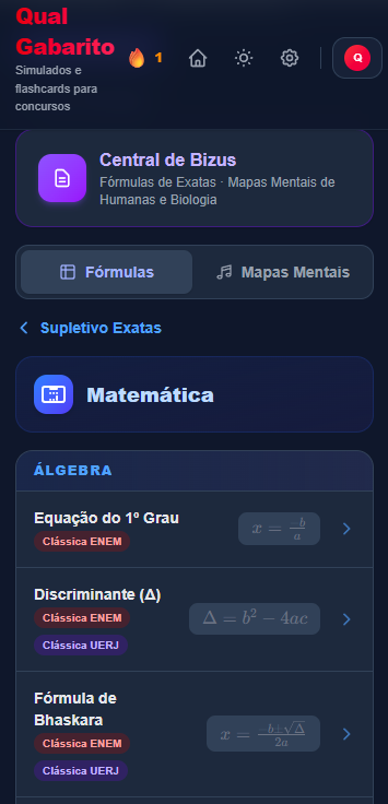 Central de Bizus com fórmulas de matemática