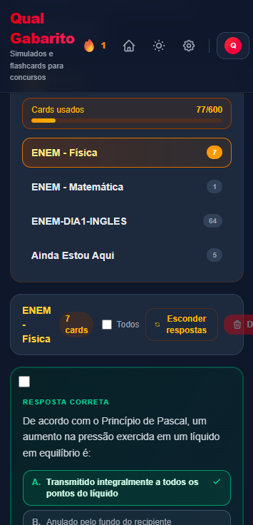 Tela de flashcards com resposta revelada