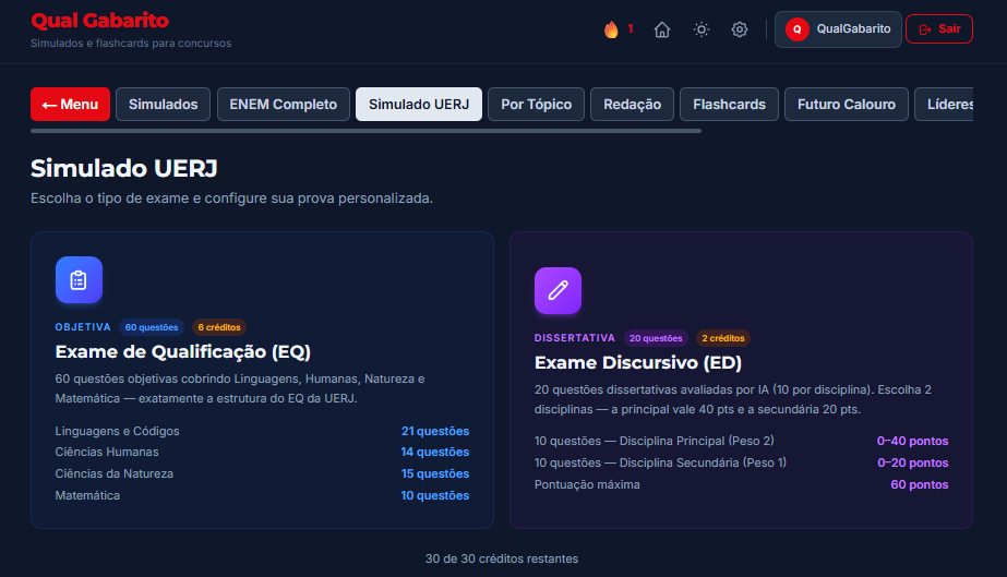 Configuração de simulado UERJ