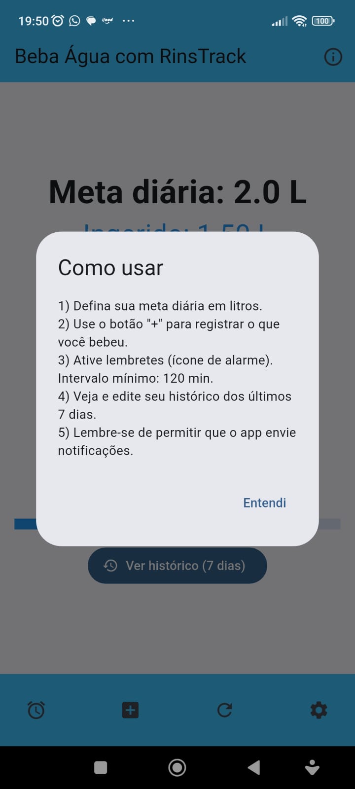 Diálogo de instruções de uso