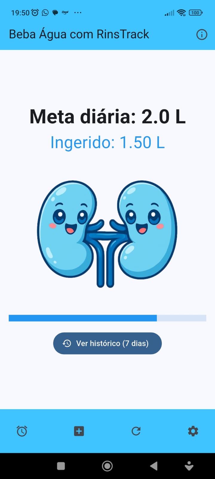 Tela inicial do RinsTrack com meta parcialmente atingida