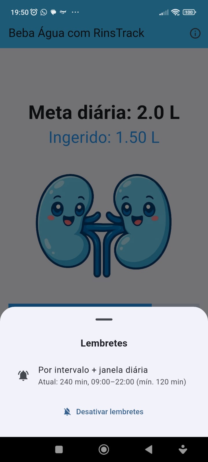 Painel de configuração de lembretes
